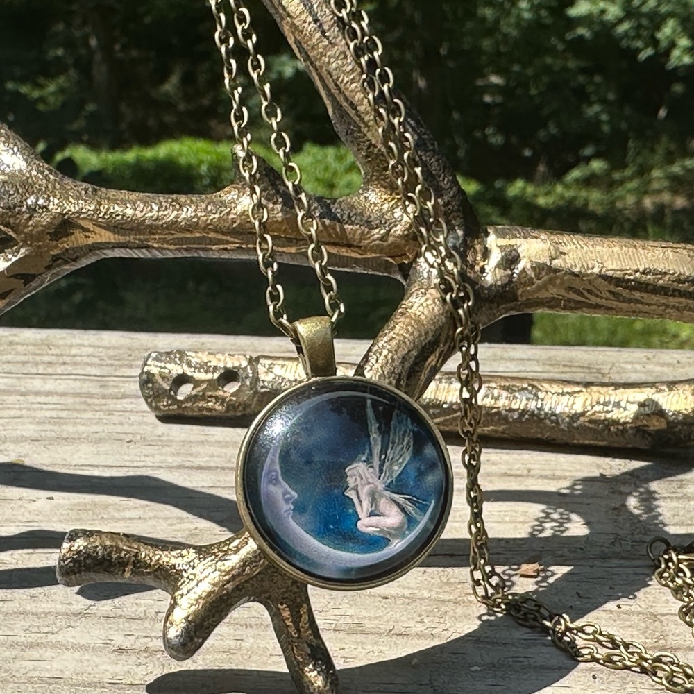 NWT - Whimsical Bronze Domed Colored Glass Moon & Fairy Necklace Renaissance